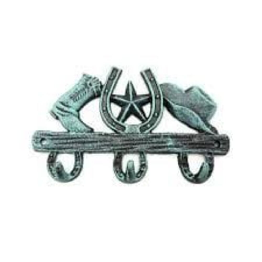 Mission Del Rey Rustic Turquoise Cast Iron Hat Boot 3 Horseshoe Shaped Wall Hook